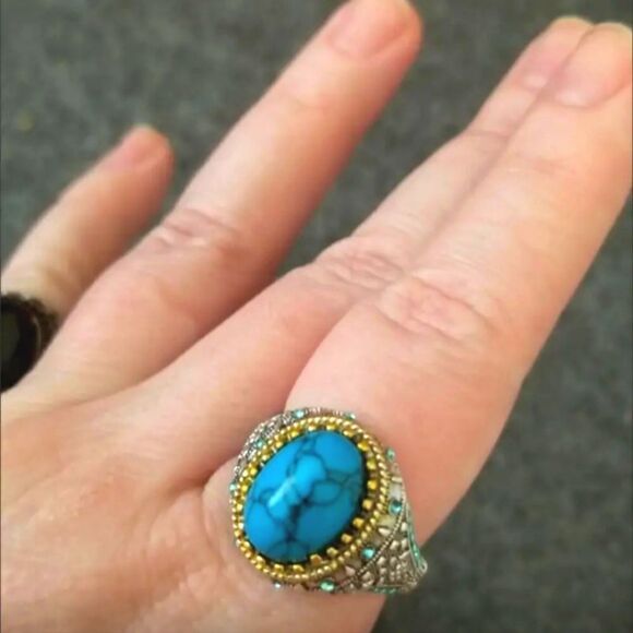 Vintage Unisex Electroplated Two-tone Inlaid Turquoise Ring - Picture 6 of 8